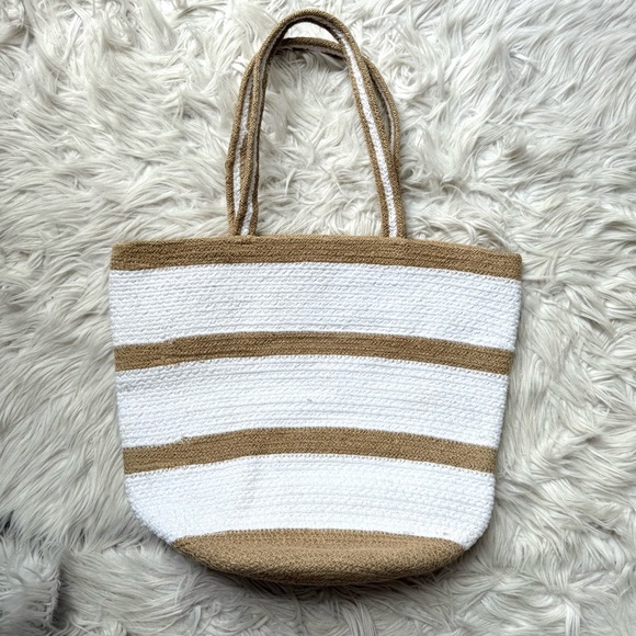 Virginia Wolf Jute Stripe Beach Farmers Market Maine Nantucket Cottage Tote Bag - Picture 1 of 12